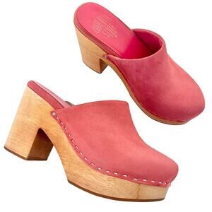 Charlotte Stone Marlo Pink Suede Wooden Block Heel Clogs Platform Mules Size 7